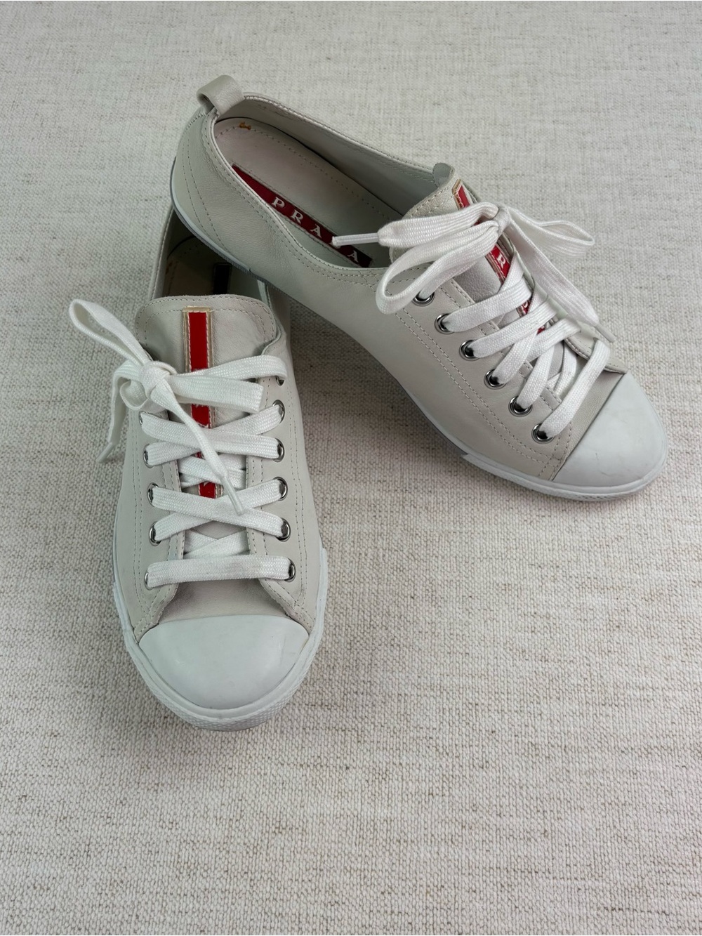 Prada women's size 38.5 White Leather low top Sneakers with Red Stripe Detail - Picture 1 of 16
